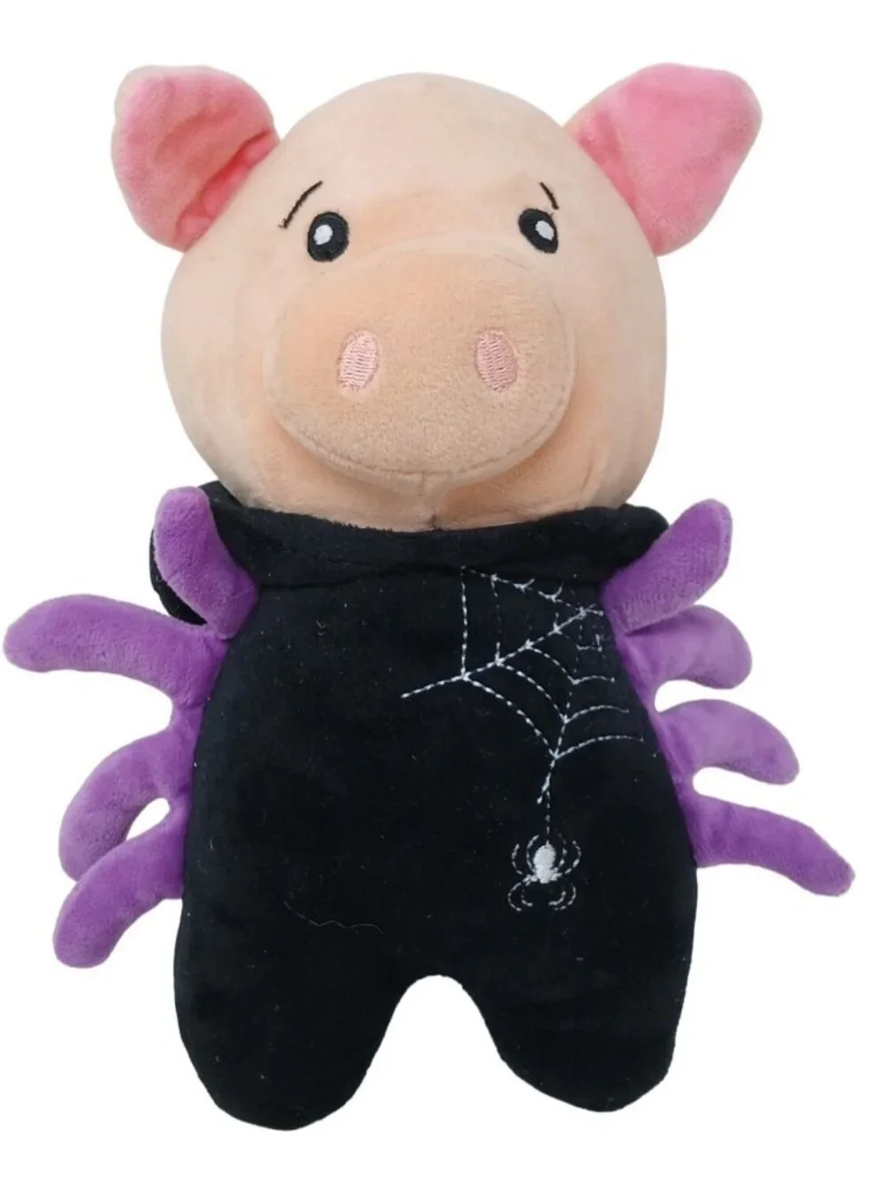 Plush Pig Toy In Spider Costume With Web Embroidery Purple Legs Hood 10